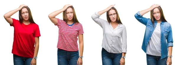 Collage Giovane Bella Ragazza Sfondo Bianco Isolato Confondono Interrogano Incerto — Foto Stock