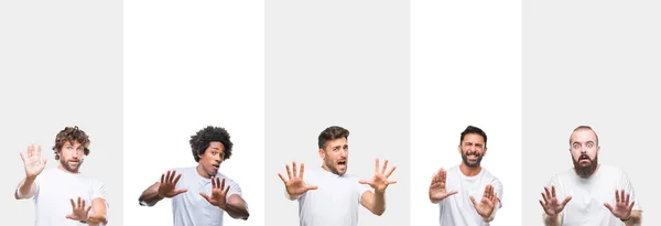 Collage Jóvenes Caucásicos Hispanos Afro Hombres Vistiendo Camiseta Blanca Sobre —  Fotos de Stock