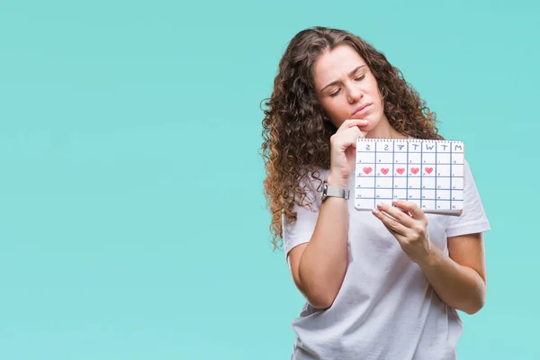 Jonge Brunette Meisje Houdt Van Menstruatie Kalender Geïsoleerde Achtergrond Ernstige — Stockfoto