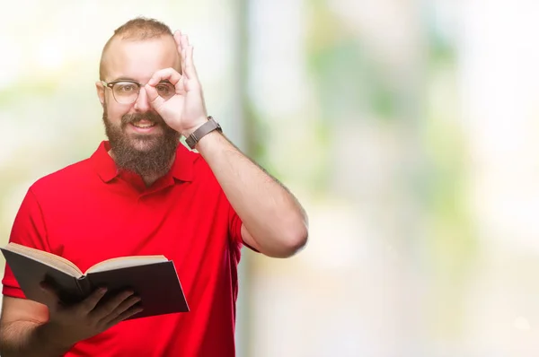 Young Hipster Man Wearing Glasses Reading Book Isolated Background Happy — Stock Photo, Image