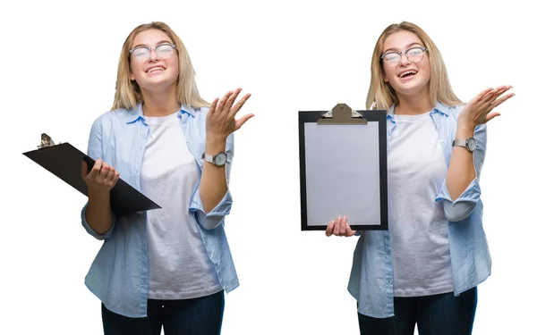 Collage Young Beautiful Blonde Business Woman Holding Clipboard White Isolated — Stock Photo, Image