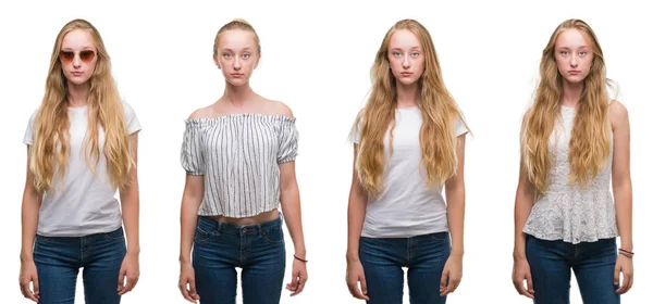 Collage Ung Blond Tjej Över Vit Isolerade Bakgrund Med Självsäker — Stockfoto