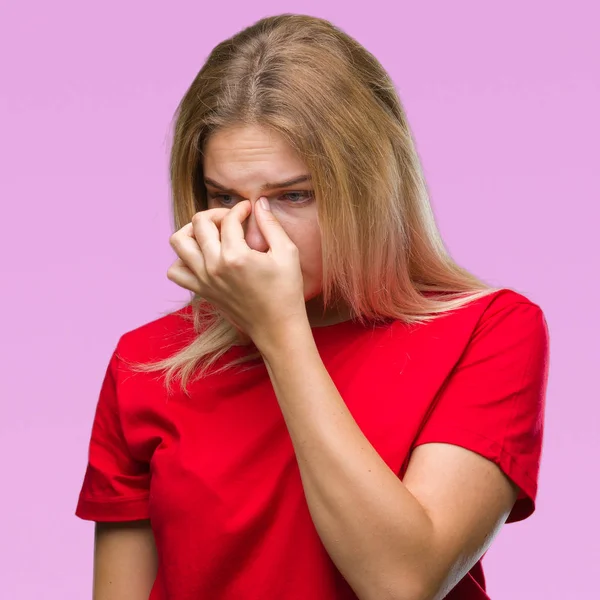 Young Caucasian Woman Isolated Background Tired Rubbing Nose Eyes Feeling — Stock Photo, Image