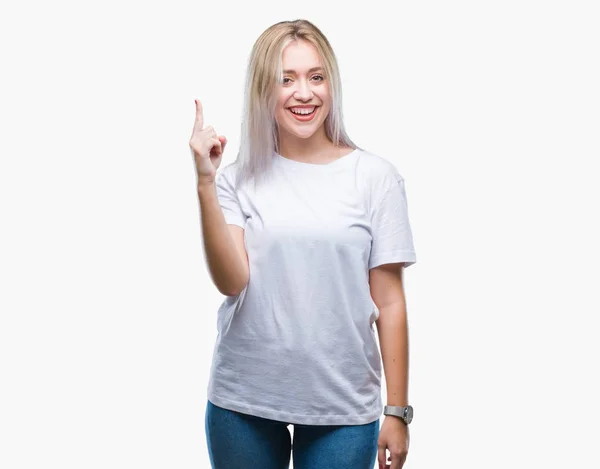 Unga Blonda Kvinnan Över Isolerade Bakgrund Pekar Finger Med Lyckad — Stockfoto