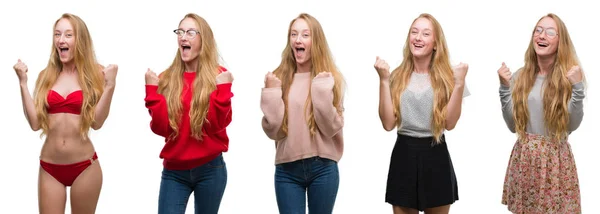 Collage Ung Blond Tjej Över Vit Isolerade Bakgrund Firar Överraskad — Stockfoto