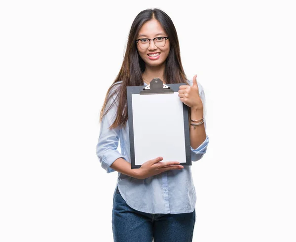 Young Asian Business Woman Holding Clipboard Isolated Background Happy Big — Stock Photo, Image