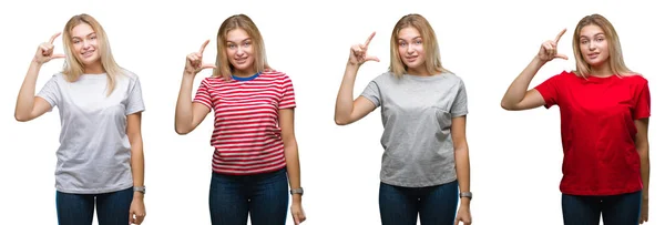 Colagem Jovem Bela Mulher Loira Vestindo Uma Camiseta Sobre Branco — Fotografia de Stock