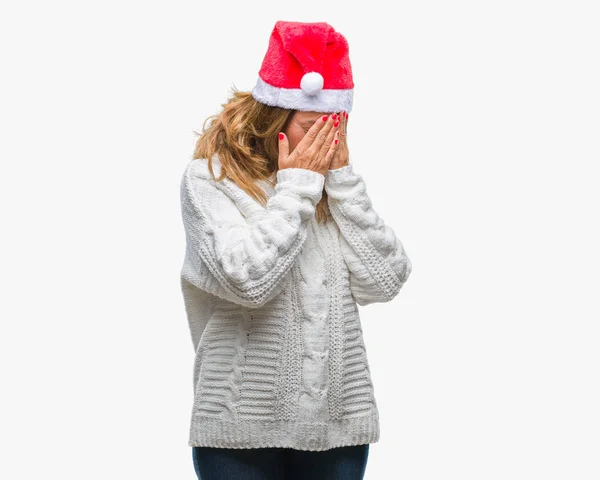 Mujer Hispana Mayor Mediana Edad Con Sombrero Navidad Sobre Fondo — Foto de Stock