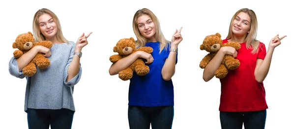 Collage Joven Hermosa Mujer Rubia Sosteniendo Oso Peluche Sobre Fondo —  Fotos de Stock