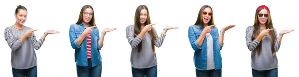 Collage Young Beautiful Brunette Girl White Isolated Background Amazed Smiling — Stock Photo, Image