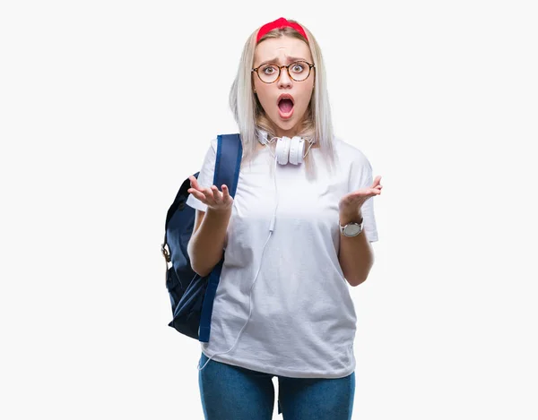 Junge Blonde Studentin Mit Brille Und Rucksack Über Isoliertem Hintergrund — Stockfoto