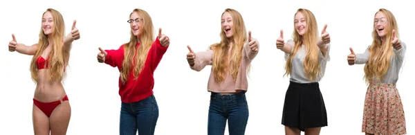 Коллаж Молодой Блондинки Белом Изолированном Фоне Одобряющий Позитивный Жест Рукой — стоковое фото