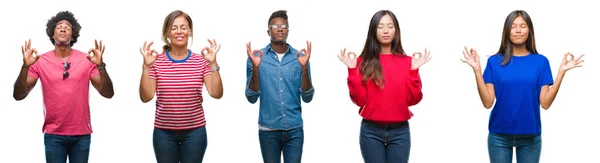 组成的非洲裔美国人 西班牙和中国组的人在孤立的白色背景放松和微笑 闭着眼睛用手指做冥想手势 瑜伽概念 — 图库照片