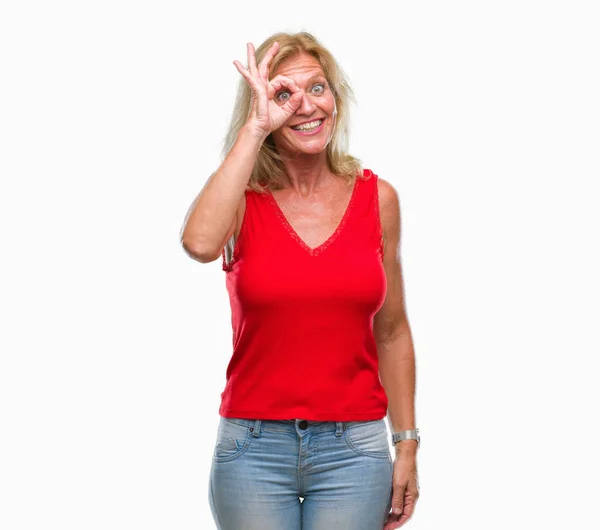 Middle Age Blonde Woman Isolated Background Doing Gesture Hand Smiling — Stock Photo, Image
