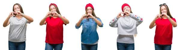 Collage Van Jonge Mooie Brunette Meisje Witte Geïsoleerde Achtergrond Glimlachend — Stockfoto