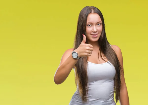 Joven Mujer Hermosa Caucásica Sobre Fondo Aislado Haciendo Pulgares Felices — Foto de Stock