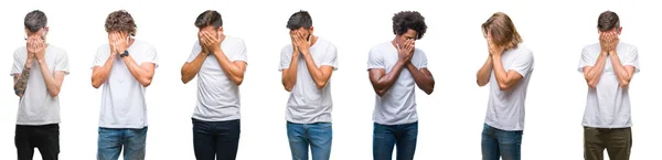 年轻的白种人 西班牙裔 非洲男子穿着白色 T恤在白色孤立的背景与悲伤的表情覆盖着脸 双手哭泣 抑郁症的概念 — 图库照片