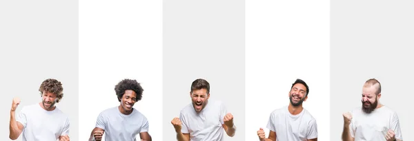 Collage Jóvenes Caucásicos Hispanos Afro Hombres Con Camiseta Blanca Sobre —  Fotos de Stock