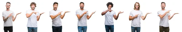 Collage Unga Kaukasiska Spansktalande Afro Män Bär Vit Shirt Över — Stockfoto