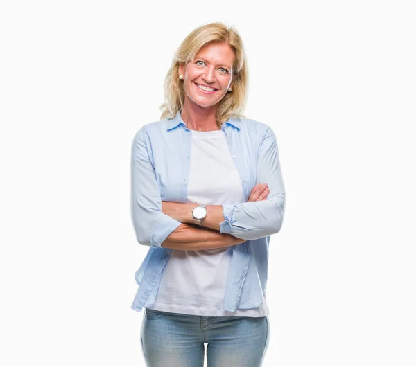 Middle Age Blonde Woman Isolated Background Happy Face Smiling Crossed — Stock Photo, Image