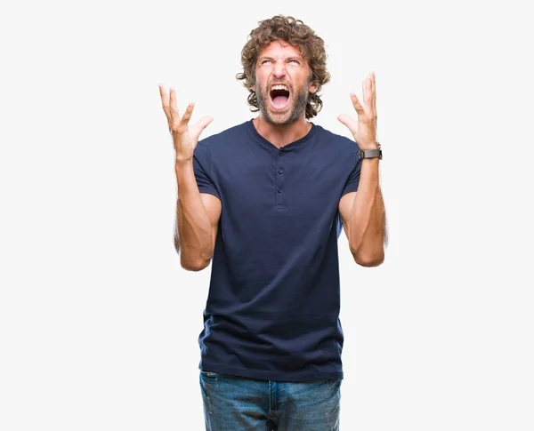 Pohledný Model Hispánský Muž Nad Izolované Pozadí Crazy Šílený Křik — Stock fotografie