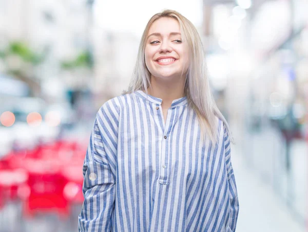 Jonge Blonde Vrouw Geïsoleerde Achtergrond Zoek Weg Aan Kant Met — Stockfoto