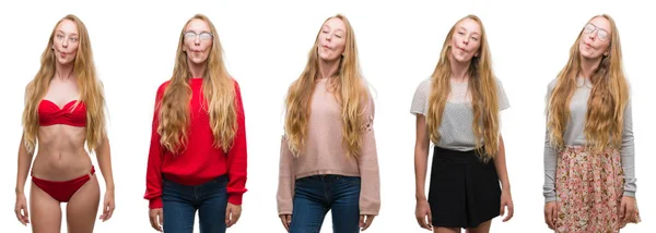Collage Ung Blond Tjej Över Vit Isolerade Bakgrund Gör Fisk — Stockfoto