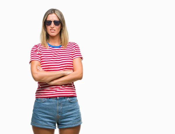 Young Beautiful Woman Wearing Sunglasses Isolated Background Skeptic Nervous Disapproving — Stock Photo, Image