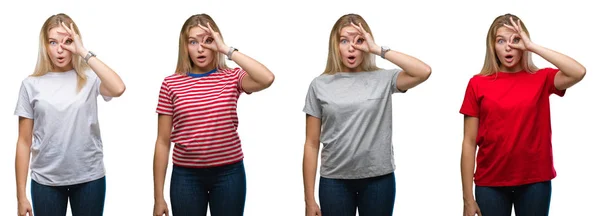 Colagem Jovem Bela Mulher Loira Vestindo Uma Camiseta Sobre Backgroud — Fotografia de Stock