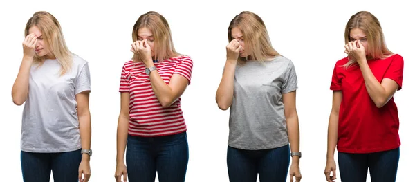 Collage Une Jeune Belle Femme Blonde Portant Shirt Sur Arrière — Photo