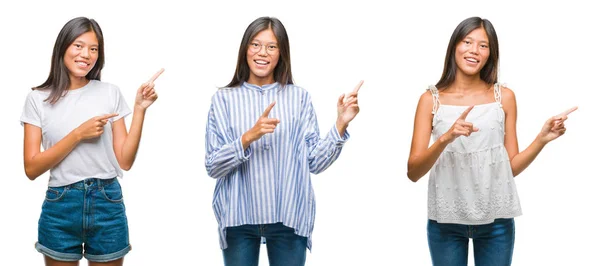 Collage Asiatisk Ung Kvinna Står Över Isolerade Vitbakgrund Leende Och — Stockfoto