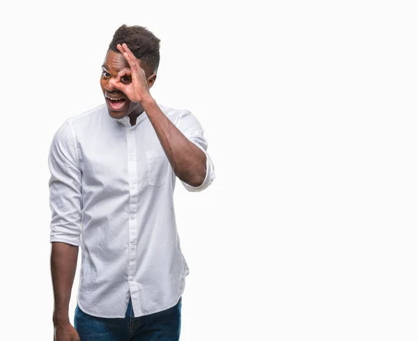 Jovem Homem Afro Americano Sobre Fundo Isolado Fazendo Gesto Com — Fotografia de Stock