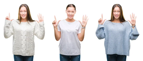 Collage Giovane Bella Ragazza Che Indossa Maglione Invernale Sfondo Bianco — Foto Stock