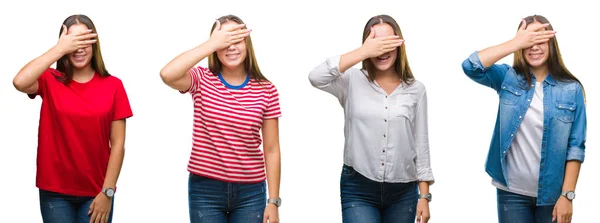 Collage Van Jong Mooi Meisje Witte Geïsoleerde Achtergrond Glimlachen Lachen — Stockfoto