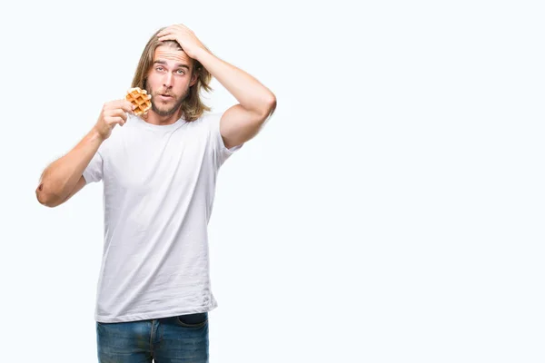Young Handsome Man Long Hair Isolated Background Eating Waffle Stressed — Stock Photo, Image