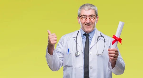 Handsome Senior Doctor Man Holding Degree Paper Isolated Background Pointing — Stock Photo, Image