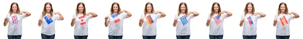 Collage Medelåldern Mogen Kvinna Hålla Flaggor Olika Länder Över Vit — Stockfoto