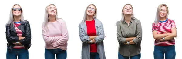 Collage Hermosa Rubia Joven Sobre Fondo Aislado Cara Feliz Sonriendo —  Fotos de Stock