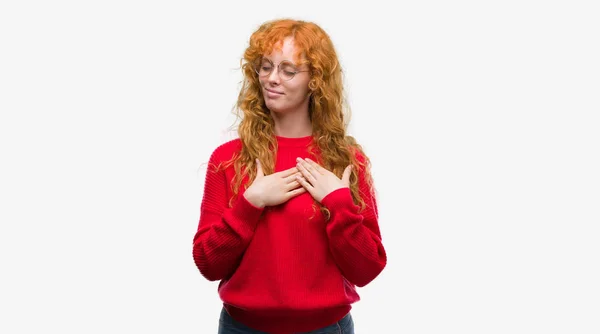 Young Redhead Woman Wearing Red Sweater Smiling Hands Chest Closed — Stock Photo, Image