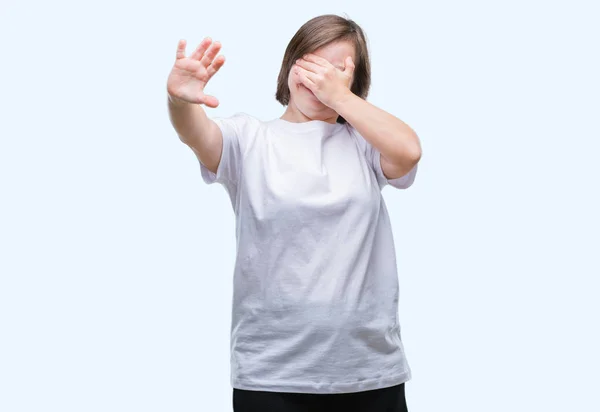 Young Adult Woman Syndrome Isolated Background Covering Eyes Hands Doing — Stock Photo, Image