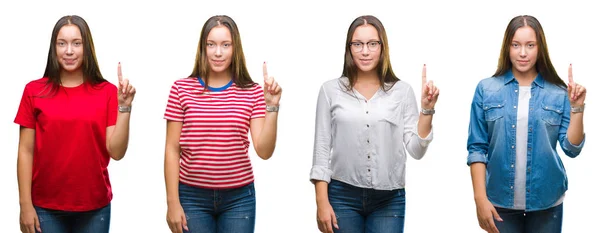 Colagem Menina Bonita Jovem Sobre Fundo Isolado Branco Mostrando Apontando — Fotografia de Stock