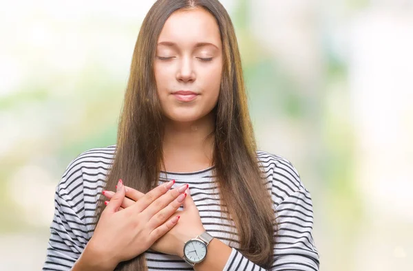 Jonge Mooie Kaukasische Vrouw Geïsoleerde Achtergrond Glimlachend Met Handen Borst — Stockfoto