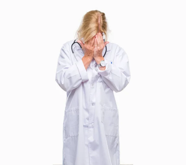 Middle Age Blonde Doctor Woman Isolated Background Sad Expression Covering — Stock Photo, Image