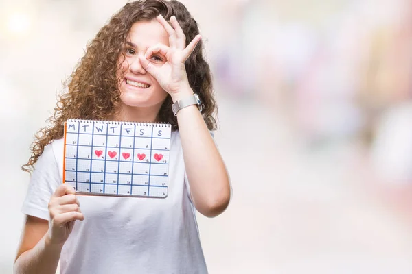 Fiatal Barna Lány Gazdaság Menstruáció Naptár Felett Elszigetelt Háttér Boldog — Stock Fotó