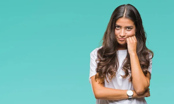 Jonge Mooie Arabische Vrouw Geïsoleerde Achtergrond Denken Zoek Moe Verveeld — Stockfoto