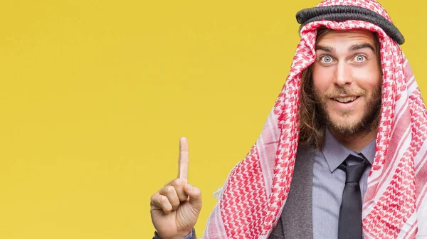 성공적인 아이디어를 가리키는 손가락에 서구인을 머리를 잘생긴 아라비아 — 스톡 사진