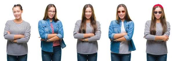 Collage Joven Hermosa Morena Sobre Fondo Blanco Aislado Cara Feliz — Foto de Stock