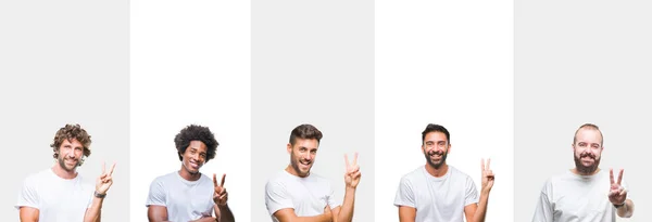 Collage Jóvenes Caucásicos Hispanos Afro Hombres Con Camiseta Blanca Sobre — Foto de Stock