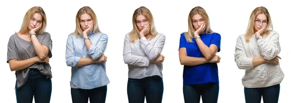 Collage Van Jonge Mooie Vrouw Witte Geïsoleerde Backgroud Denken Zoek — Stockfoto