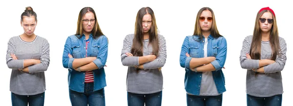 Collage Ung Vacker Brunett Flicka Över Vit Isolerade Bakgrund Skeptiker — Stockfoto